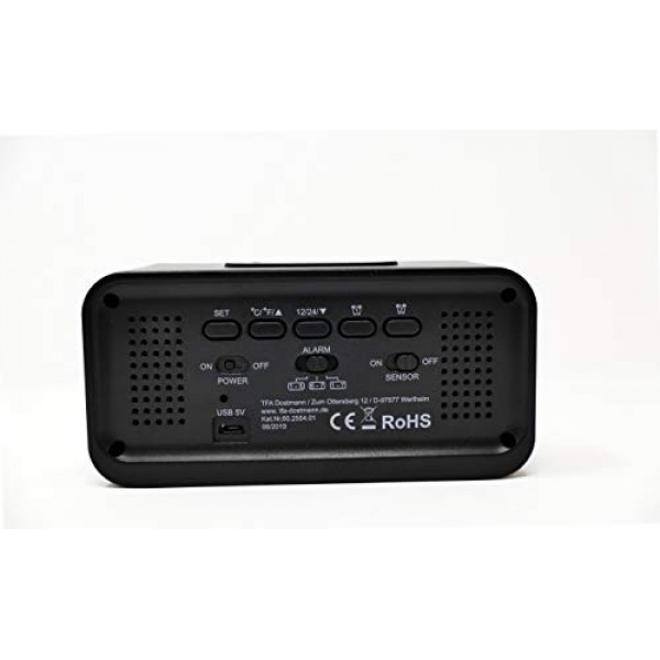 TFA Dostmann Boxx 디지털 무선 알람 시계(실내 온도 포함) USB 충전식 플라스틱 검정색 L 142 x W 45 x H 73 mm