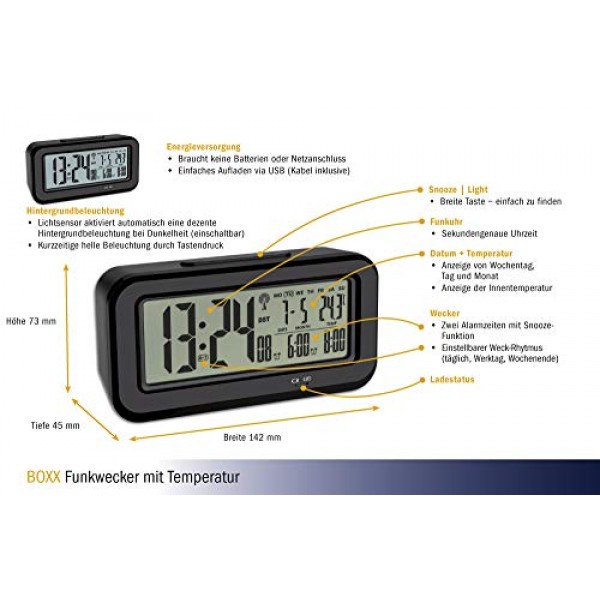 TFA Dostmann Boxx 디지털 무선 알람 시계(실내 온도 포함) USB 충전식 플라스틱 검정색 L 142 x W 45 x H 73 mm
