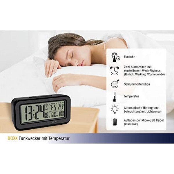 TFA Dostmann Boxx 디지털 무선 알람 시계(실내 온도 포함) USB 충전식 플라스틱 검정색 L 142 x W 45 x H 73 mm