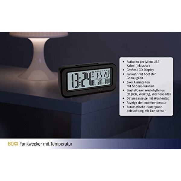 TFA Dostmann Boxx 디지털 무선 알람 시계(실내 온도 포함) USB 충전식 플라스틱 검정색 L 142 x W 45 x H 73 mm
