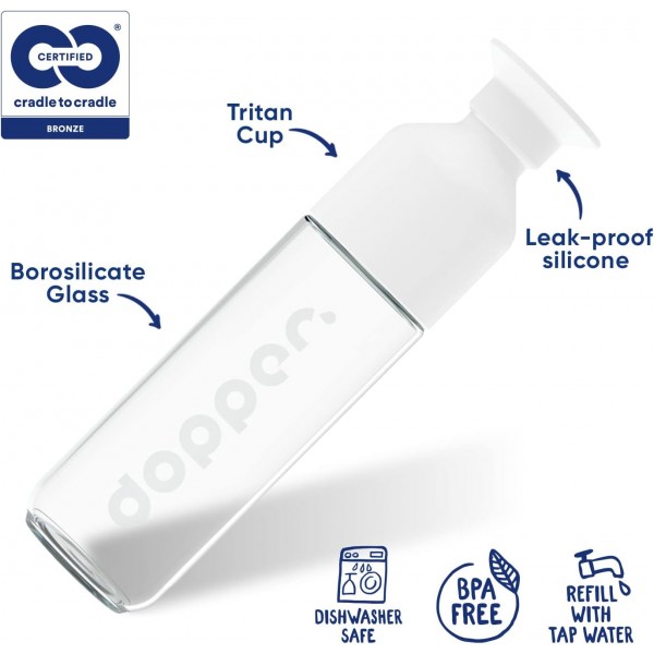 도퍼 유리 물병 - Green Product Award 2021 - 붕규산 유리병 - 400ml, 누출 방지, BPA 프리 - 야외 및 사무실용 물병 400ml 흰색