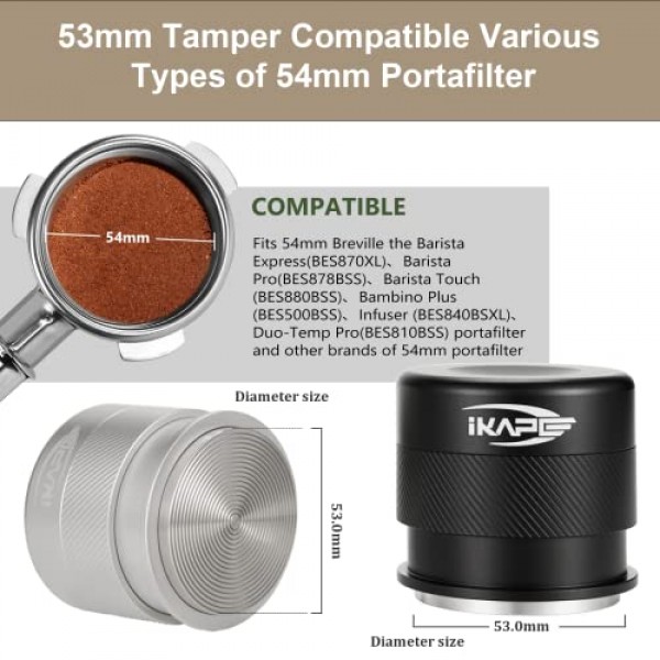 IKAPE 커피 제품, 53MM 에스프레소 탬퍼, 스프링 장착 프리미엄 바리스타 커피 보정 탬퍼, 54MM Breville 바텀리스 포터필터와 호환되는 100% 스테인레스 스틸 탬퍼(블랙)