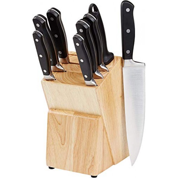 Amazon Basics 9피스 프리미엄 주방 고탄소 스테인레스 스틸 블레이드 및 소나무 칼 블록 세트, 블랙