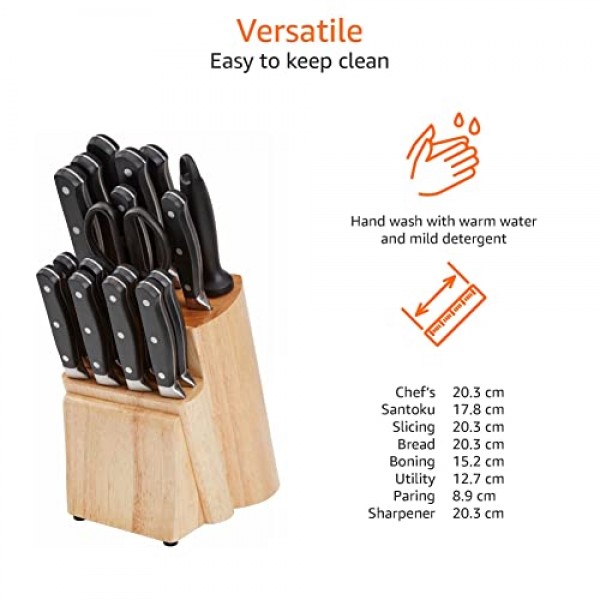 Amazon Basics 9피스 프리미엄 주방 고탄소 스테인레스 스틸 블레이드 및 소나무 칼 블록 세트, 블랙