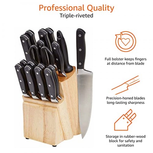 Amazon Basics 9피스 프리미엄 주방 고탄소 스테인레스 스틸 블레이드 및 소나무 칼 블록 세트, 블랙