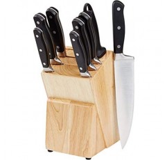 Amazon Basics 9피스 프리미엄 주방 고탄소 스테인레스 스틸 블레이드 및 소나무 칼 블록 세트, 블랙