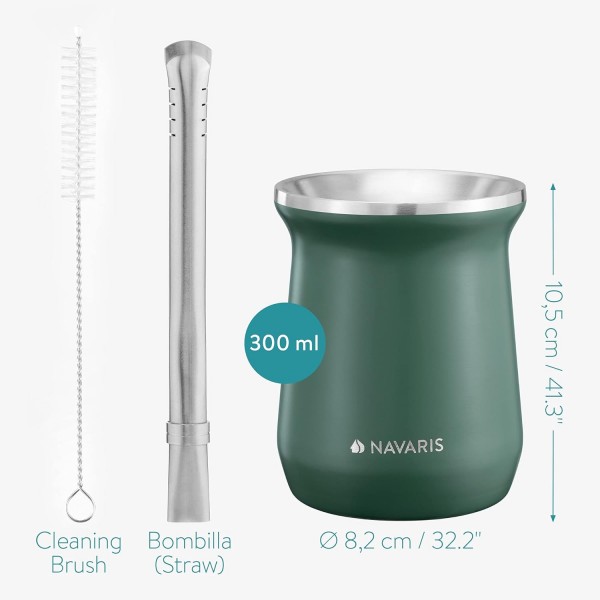 Navaris Yerba 메이트 컵 - 300ml 더블 월 스테인리스 스틸 메이트 티 세트, 조롱박 컵 머그, 봄빌라 빨대 및 메이트 음료용 브러시 포함 - 그린