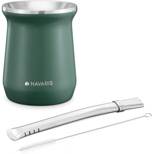 Navaris Yerba 메이트 컵 - 300ml 더블 월 스테인리스 스틸 메이트 티 세트, 조롱박 컵 머그, 봄빌라 빨대 및 메이트 음료용 브러시 포함 - 그린
