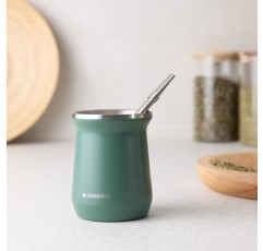 Navaris Yerba 메이트 컵 - 300ml 더블 월 스테인리스 스틸 메이트 티 세트, 조롱박 컵 머그, 봄빌라 빨대 및 메이트 음료용 브러시 포함 - 그린