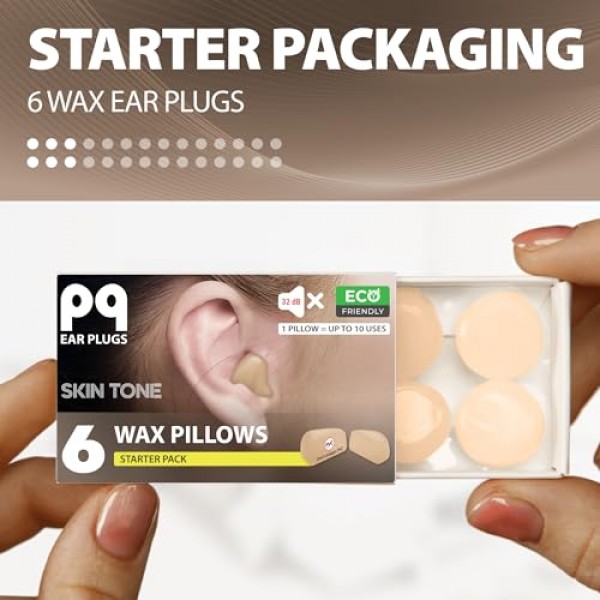 수면용 PQ 왁스 귀마개 - 수면 및 수영용 실리콘 왁스 귀마개 6개 - 소음 제거, 귀 보호용 젤 귀마개 - 소리 차단 기능이 있는 수면용 귀마개 32Db(6-베개). 베이지