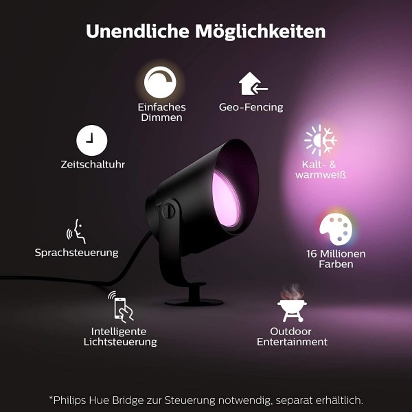 Philips Hue White 및 Color Ambiance LED 받침대 조명 확장 Impress & White & Color Ambiance Lily XL 정원 스포트라이트 블랙 950lm 기본 세트, 밝기 조절 가능, 최대 1,600만 가지 색상