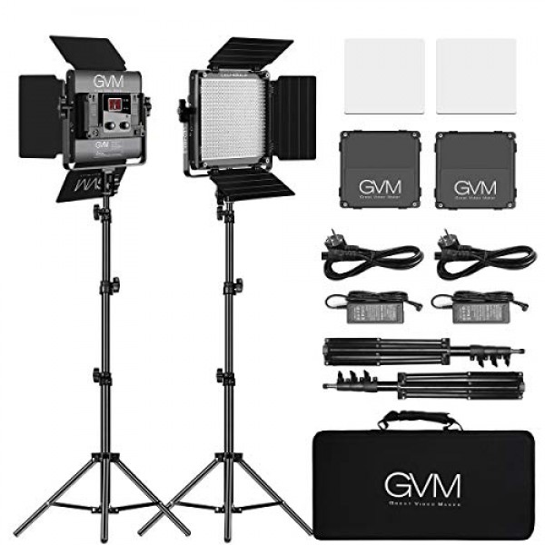 GVM LED 비디오 조명, 480 LED 사진 조명 패널, CRI97, TLCI97, 밝기 조절 가능, 2300K - 6800K, 조명 스탠드가 포함된 비디오 조명 2개, 야외용 키트, 인터뷰, 스튜디오 인물 사진, 