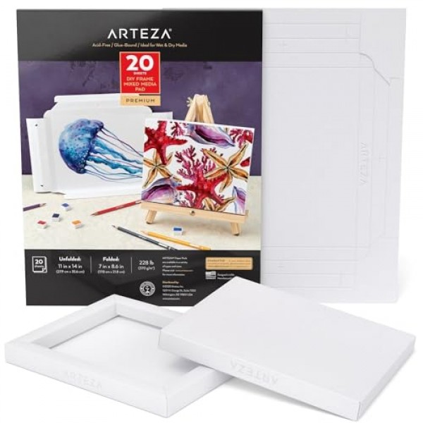 ARTEZA 혼합 미디어 종이 접이식 캔버스 패드, 7x8.6인치, 20매, DIY 프레임, 중량 멀티미디어 용지, 228lb, 370GSM, 무산소, 회화 및 혼합 미디어 아트용 미술 용품