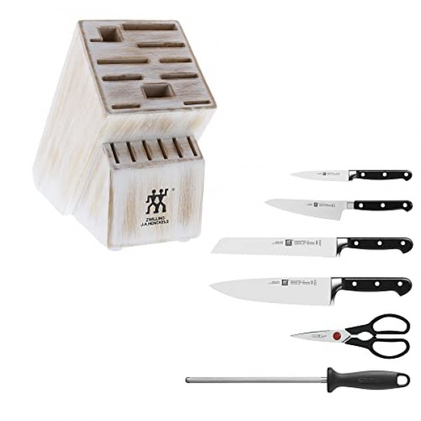 ZWILLING Professional S 7피스 면도날 독일 블록 나이프 세트, 소박한 흰색 고무나무 블록 포함, 회사 소유 독일 공장에서 제작, 거의 300년 동안 완성된 특수 포뮬러 스틸 사