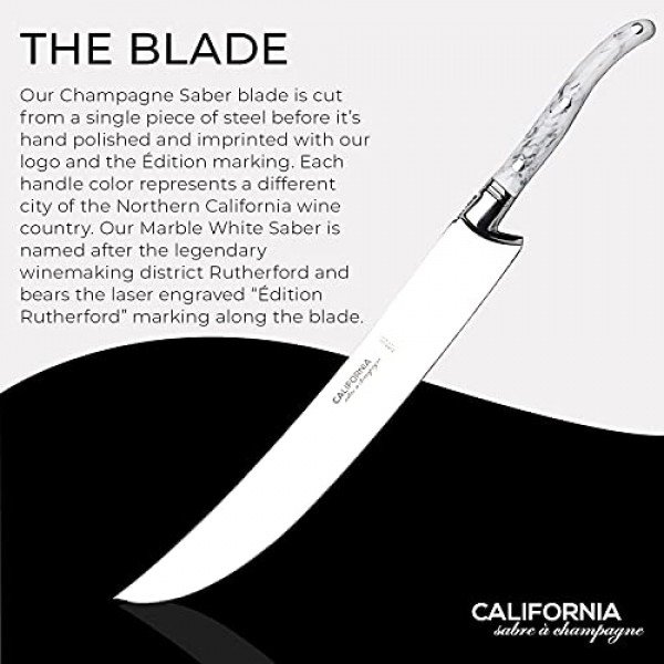 California Champagne Sabre Company - 대리석 화이트 - Laguiole 프랑스 스타일로 제작된 수제 검 - 우아한 소나무 상자에 포장됨 - 고급스러운 샴페인 칼 병따개