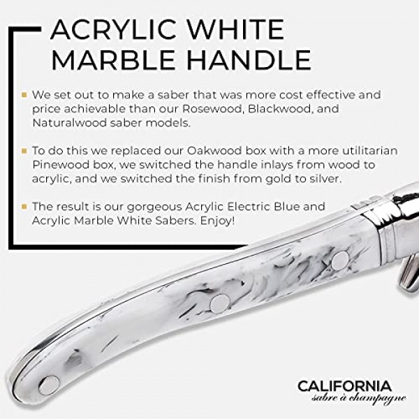 California Champagne Sabre Company - 대리석 화이트 - Laguiole 프랑스 스타일로 제작된 수제 검 - 우아한 소나무 상자에 포장됨 - 고급스러운 샴페인 칼 병따개