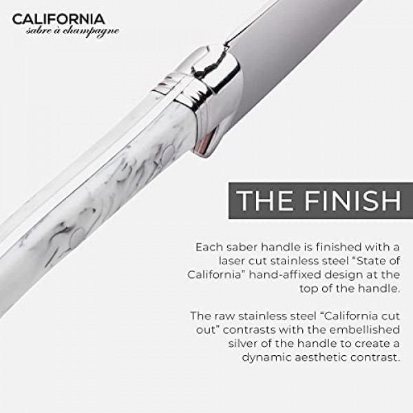 California Champagne Sabre Company - 대리석 화이트 - Laguiole 프랑스 스타일로 제작된 수제 검 - 우아한 소나무 상자에 포장됨 - 고급스러운 샴페인 칼 병따개