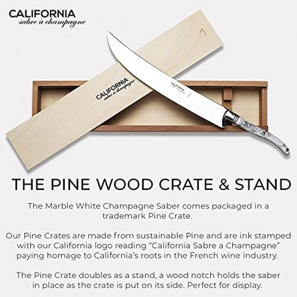 California Champagne Sabre Company - 대리석 화이트 - Laguiole 프랑스 스타일로 제작된 수제 검 - 우아한 소나무 상자에 포장됨 - 고급스러운 샴페인 칼 병따개