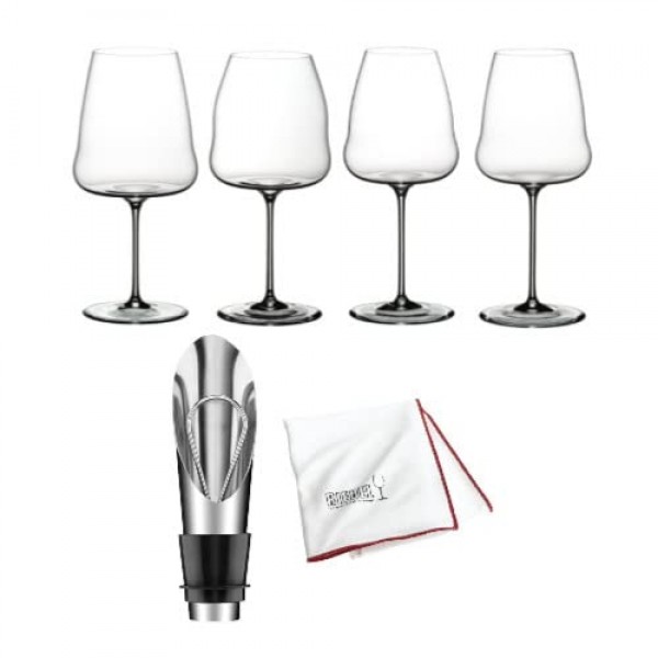 Riedel Winewings 테이스팅 와인 잔 세트(4팩), 와인 푸어러 및 대형 극세사 광택 천(3개 항목)이 포함된 번들