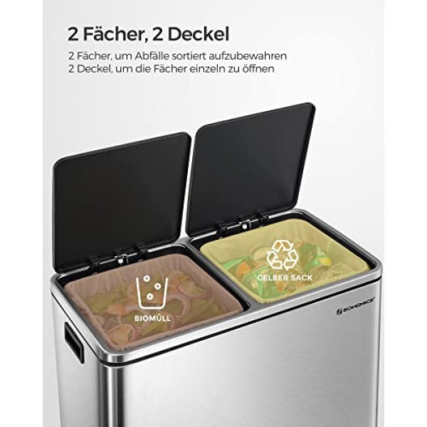 SONGMICS 폐기물 분리통(플라스틱 내부 버킷 2개 포함), 60L