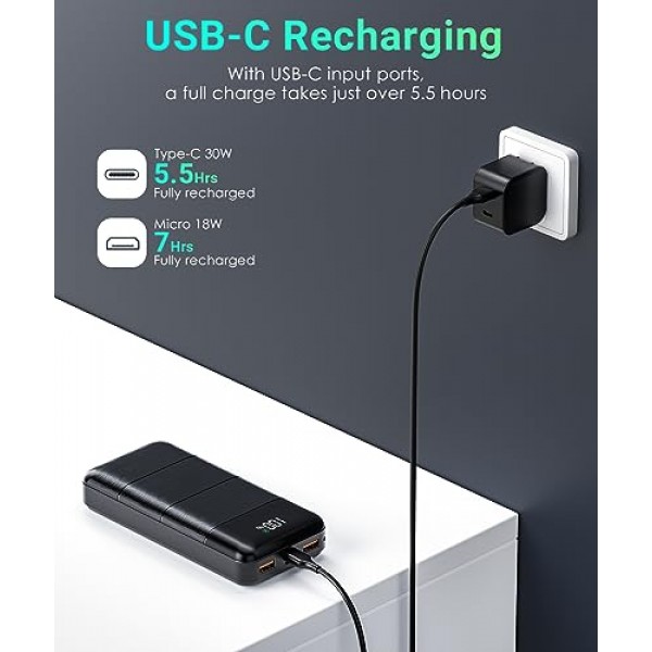 보조 배터리 휴대용 충전기 - 32000mAh 보조 배터리 출력 5V3A 고속 충전기 스마트폰 및 모든 USB 장치와 호환되는 LED 디스플레이가 내장된 휴대용 충전기(검은색)