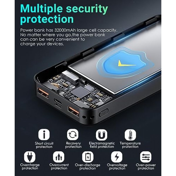 보조 배터리 휴대용 충전기 - 32000mAh 보조 배터리 출력 5V3A 고속 충전기 스마트폰 및 모든 USB 장치와 호환되는 LED 디스플레이가 내장된 휴대용 충전기(검은색)