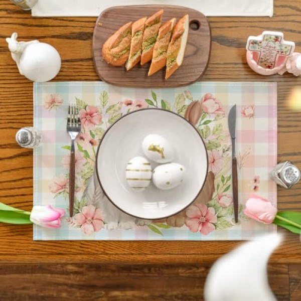 Artoid 모드 토끼 토끼 꽃 꽃 버팔로 격자 무늬 부활절 Placemats 파티 주방 식사 장식을위한 6, 12x18 인치 봄 테이블 매트 세트
