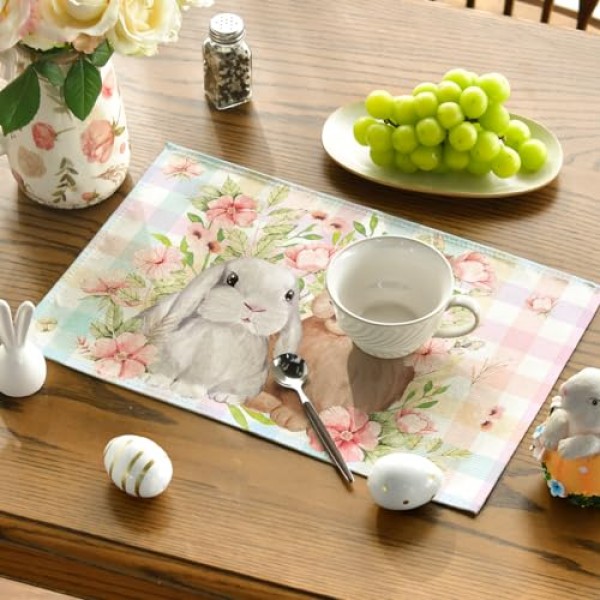 Artoid 모드 토끼 토끼 꽃 꽃 버팔로 격자 무늬 부활절 Placemats 파티 주방 식사 장식을위한 6, 12x18 인치 봄 테이블 매트 세트