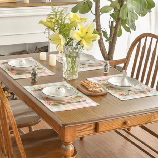 Artoid 모드 토끼 토끼 꽃 꽃 버팔로 격자 무늬 부활절 Placemats 파티 주방 식사 장식을위한 6, 12x18 인치 봄 테이블 매트 세트