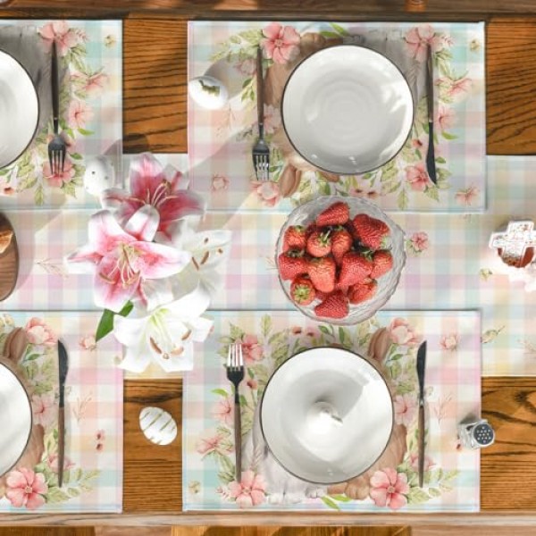 Artoid 모드 토끼 토끼 꽃 꽃 버팔로 격자 무늬 부활절 Placemats 파티 주방 식사 장식을위한 6, 12x18 인치 봄 테이블 매트 세트