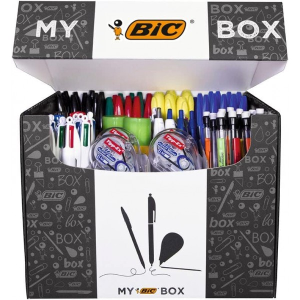 BIC 편지지 세트: 볼펜 75개, 형광펜 8개, 풀 2개, 마커 7개, 수정 롤러 8개 및 샤프 펜슬 24개, My BIC Box Unique