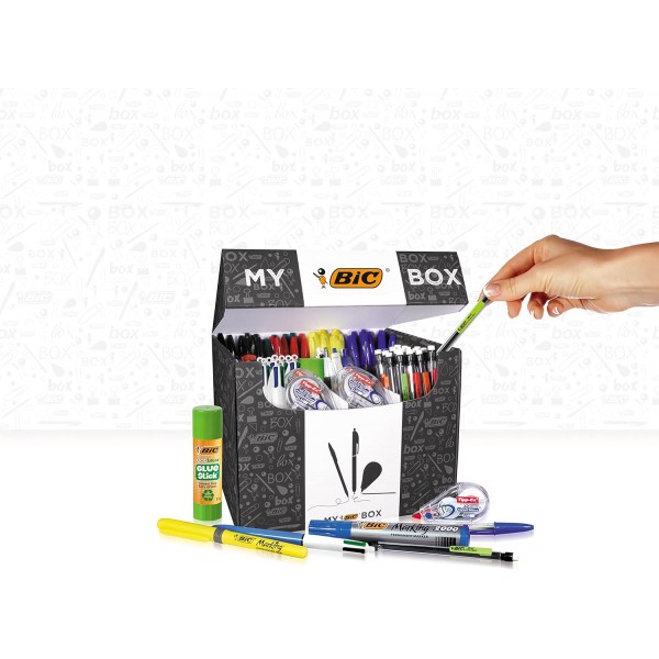 BIC 편지지 세트: 볼펜 75개, 형광펜 8개, 풀 2개, 마커 7개, 수정 롤러 8개 및 샤프 펜슬 24개, My BIC Box Unique