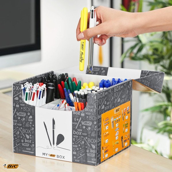 BIC 편지지 세트: 볼펜 75개, 형광펜 8개, 풀 2개, 마커 7개, 수정 롤러 8개 및 샤프 펜슬 24개, My BIC Box Unique