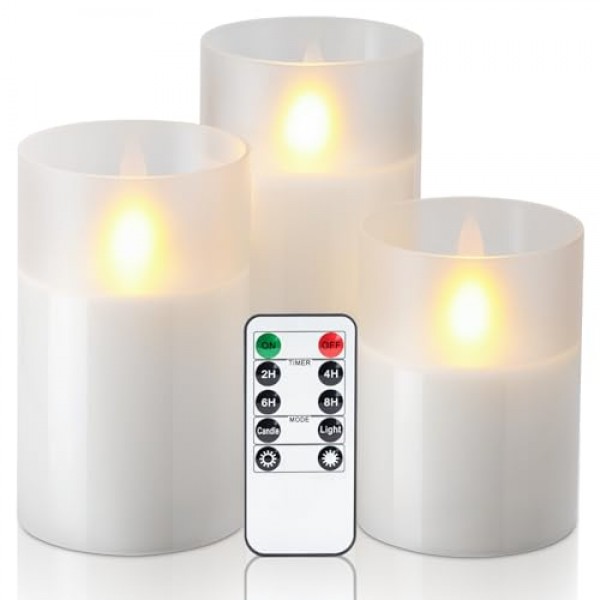 사실적인 춤추는 불꽃이 있는 Amagic 투명 유리 깜박이는 무염 양초, LED 양초, 리모컨과 타이머가 있는 배터리 작동식 양초, 순백색, 3개 세트