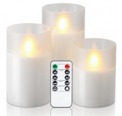 사실적인 춤추는 불꽃이 있는 Amagic 투명 유리 깜박이는 무염 양초, LED 양초, 리모컨과 타이머가 있는 배터리 작동식 양초, 순백색, 3개 세트