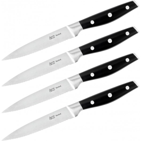 테팔 제이미 올리버 K26708 스테이크 나이프 세트 24cm 4개, 스테인리스 스틸 스테이크 커트러리 세트 4인용, 미끄럼 방지 손잡이가 있는 스테이크 나이프, 그릴 커트러리