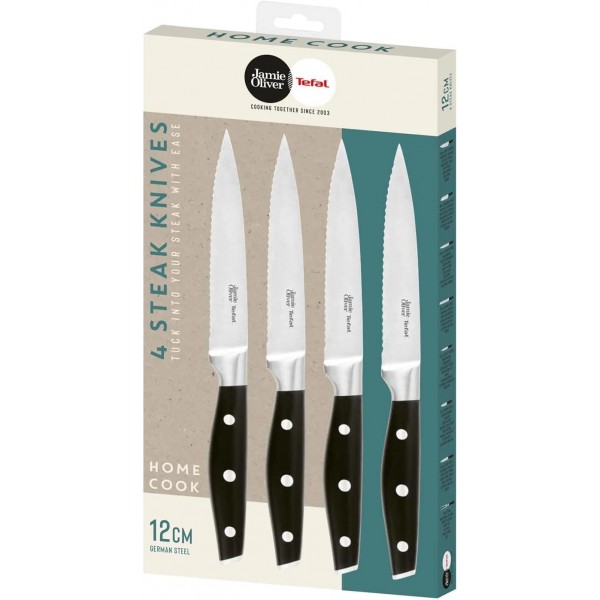 테팔 제이미 올리버 K26708 스테이크 나이프 세트 24cm 4개, 스테인리스 스틸 스테이크 커트러리 세트 4인용, 미끄럼 방지 손잡이가 있는 스테이크 나이프, 그릴 커트러리