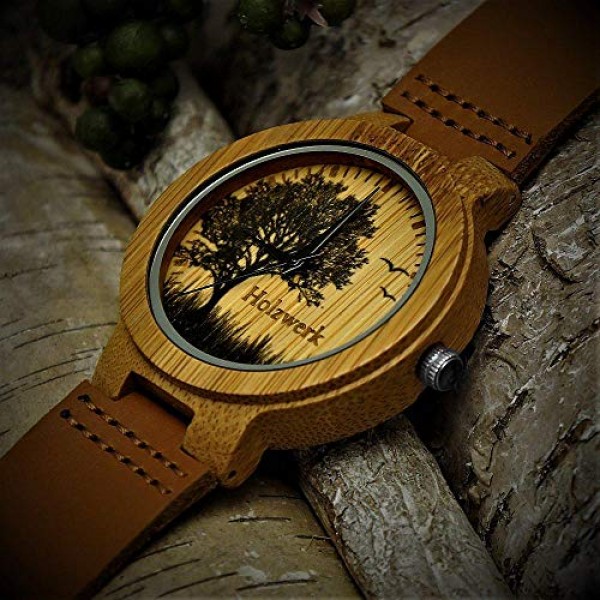 Holzwerk 독일 수제 디자이너 여성용 시계 남성용 시계 에코 천연 나무 시계 가죽 스트랩 시계 Save The Trees 아날로그 클래식 쿼츠 시계 브라운 트리 자연 모티브 한정판, 