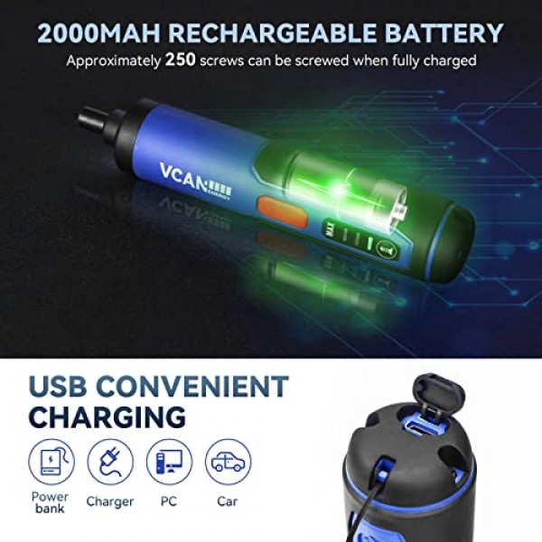 4V 전기 드라이버, 2000mAh USB 충전식 배터리, LED 조명이 있는 무선 전원 드라이버, 조정 가능한 토크, 38 in 1, 소규모 프로젝트에 적합