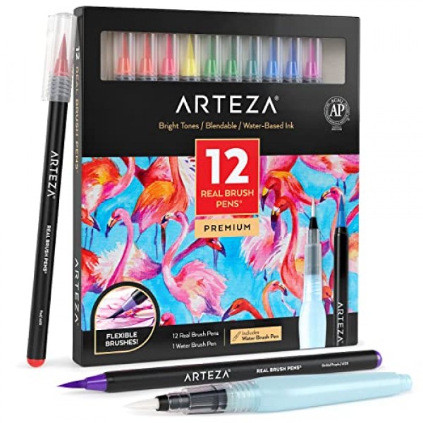 ARTEZA 리얼 브러시 펜, 12개 세트, 밝은 톤, 혼합 가능한 수채화 마커 및 워터 브러시 1개, 학교, 가정 및 사무실용 미술 용품