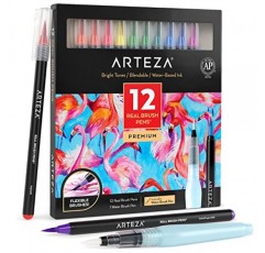 ARTEZA 리얼 브러시 펜, 12개 세트, 밝은 톤, 혼합 가능한 수채화 마커 및 워터 브러시 1개, 학교, 가정 및 사무실용 미술 용품