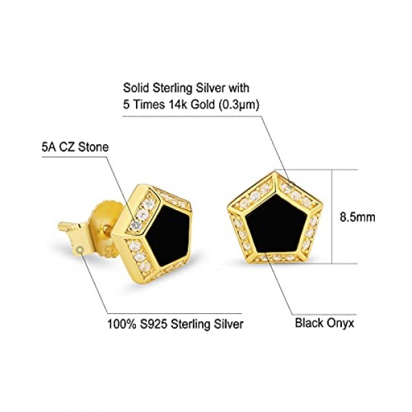 KRKC&CO S925 실버 남성용 귀걸이, 라운드 블랙 Oynx 귀걸이, 8 mm, Oynx 스톤이 포함된 화이트 골드 도금 스터드 귀걸이, 정품 925 스털링 실버, 알레르기 프리 귀걸이, 남성용 