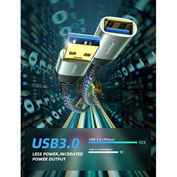 AINOPE USB 3.0 연장 케이블, 2팩 3.3FT, 유형 A 남성-여성 연장 코드 내구성이 뛰어난 편조 소재 고속 데이터 전송 USB 키보드, 마우스, 플래시 드라이브, 하드 드라이브, 프린