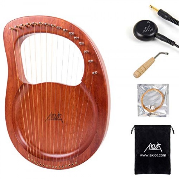 Lyre 하프, AKLOT 16 금속 현 마호가니 Lye 하프, 튜닝 렌치, 예비 현 세트, 픽업, 블랙 긱 백