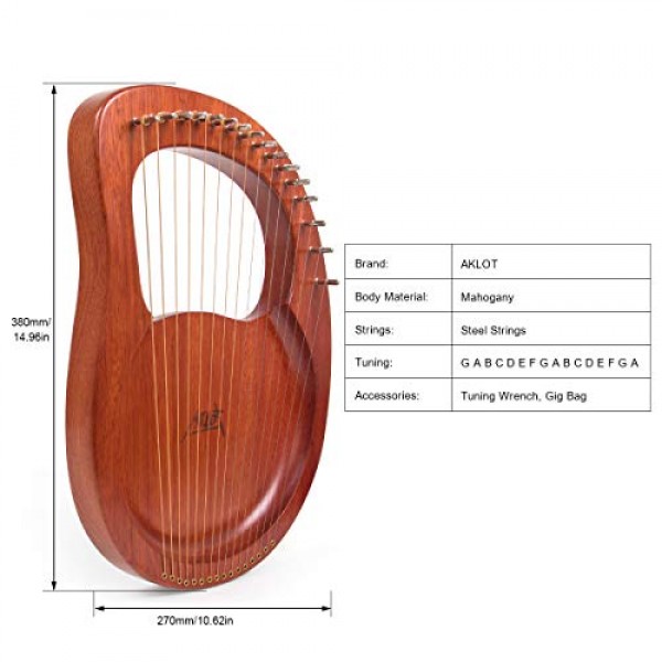 Lyre 하프, AKLOT 16 금속 현 마호가니 Lye 하프, 튜닝 렌치, 예비 현 세트, 픽업, 블랙 긱 백