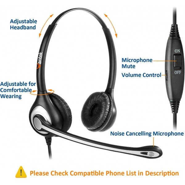 Gigaset DA710 DA810A Siemens Optipoint 500 Polycom VVX411 Plantronics Avaya NEC(602QS2) Binaural QD 602QS2용 마이크 소음 제거 및 빠른 연결 해제가 있는 Wantek RJ9 전화 헤드셋, 유선 전화 헤드
