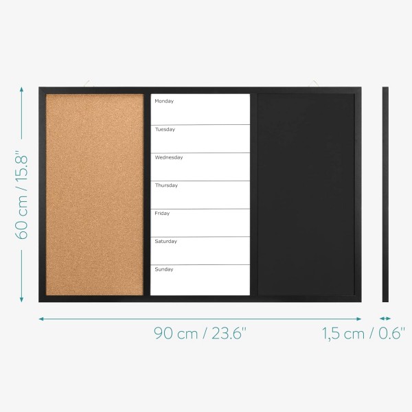 Navaris 3in1 조합 보드 90x60x1.5 cm - 초크 보드 화이트 보드 코르크 핀 보드 - 메모 보드 자기 페이지 주간 계획 초크 핀 자석 90x60 cm 주간 플래너 - 블랙 보드 핀 보드