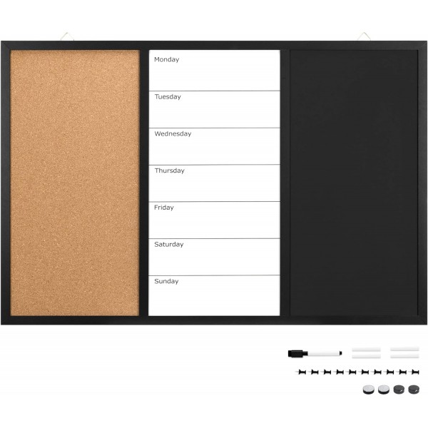 Navaris 3in1 조합 보드 90x60x1.5 cm - 초크 보드 화이트 보드 코르크 핀 보드 - 메모 보드 자기 페이지 주간 계획 초크 핀 자석 90x60 cm 주간 플래너 - 블랙 보드 핀 보드