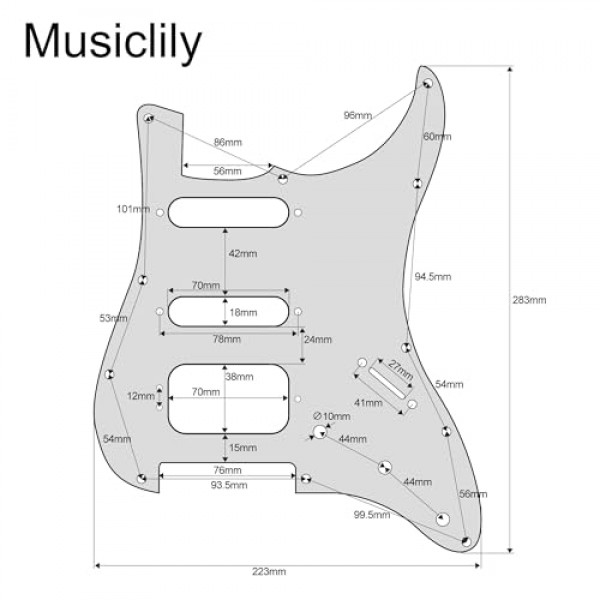 Musiclily Pro 11홀 라운드 코너 HSS 기타 Strat Pickguard 험버커(미국/멕시코용 펜더 Stratocaster 3나사 험버킹 장착 오픈 픽업, 3겹 검정색)