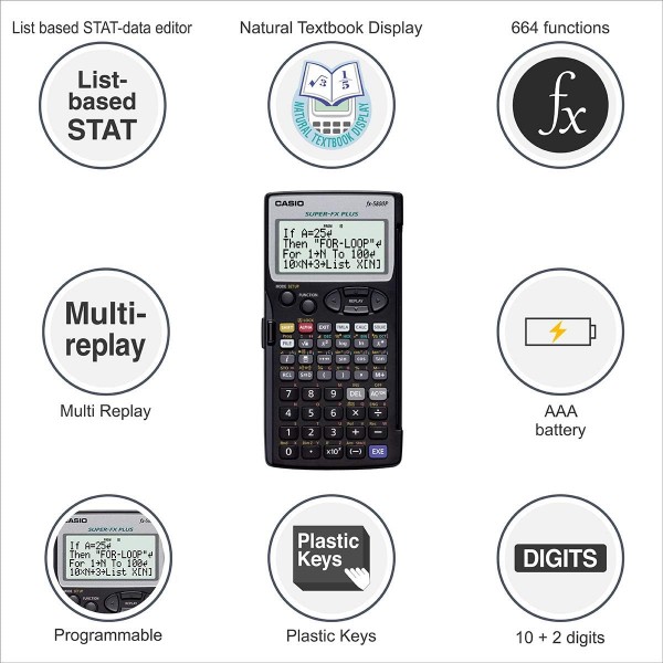 CASIO 학교 계산기 모델 FX 5800 P, 배터리 작동, 검은색 공학용 계산기